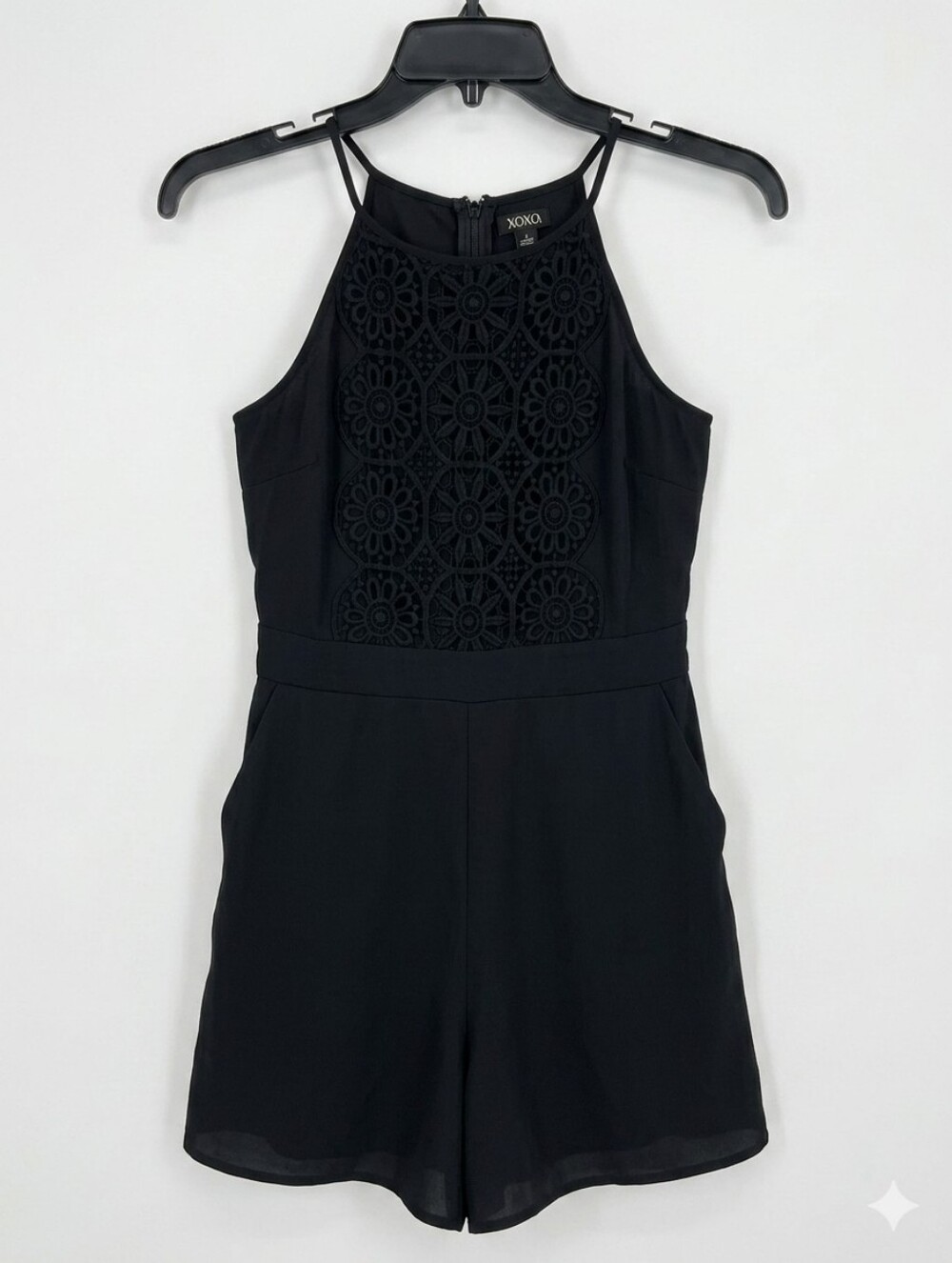 XOXO Black Halter Romper Size S Crochet Floral Lace Inset Sleeveless Jumper